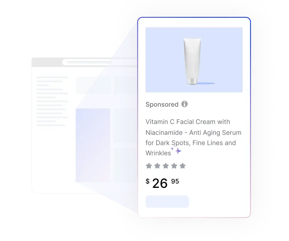 This is a digital image of a skincare product ad with a cream tube, price, and star ratings.